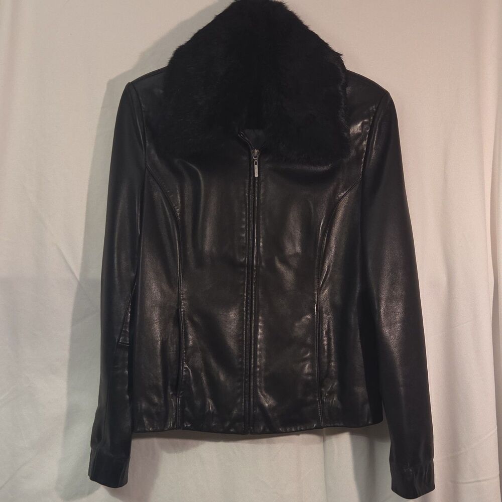Apt. 9 Lambskin Leather Jacket Womens Small Black w/ Detachable Fur Collar